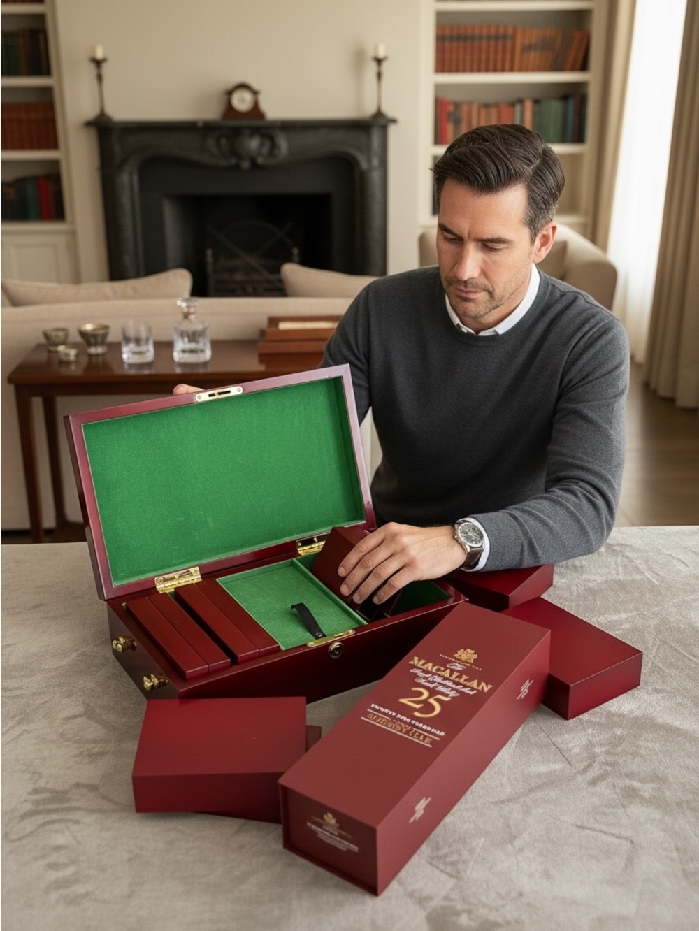 Macallan 25 Single Highland Malt Scotch Whisky Red Wooden Box  & Game Set